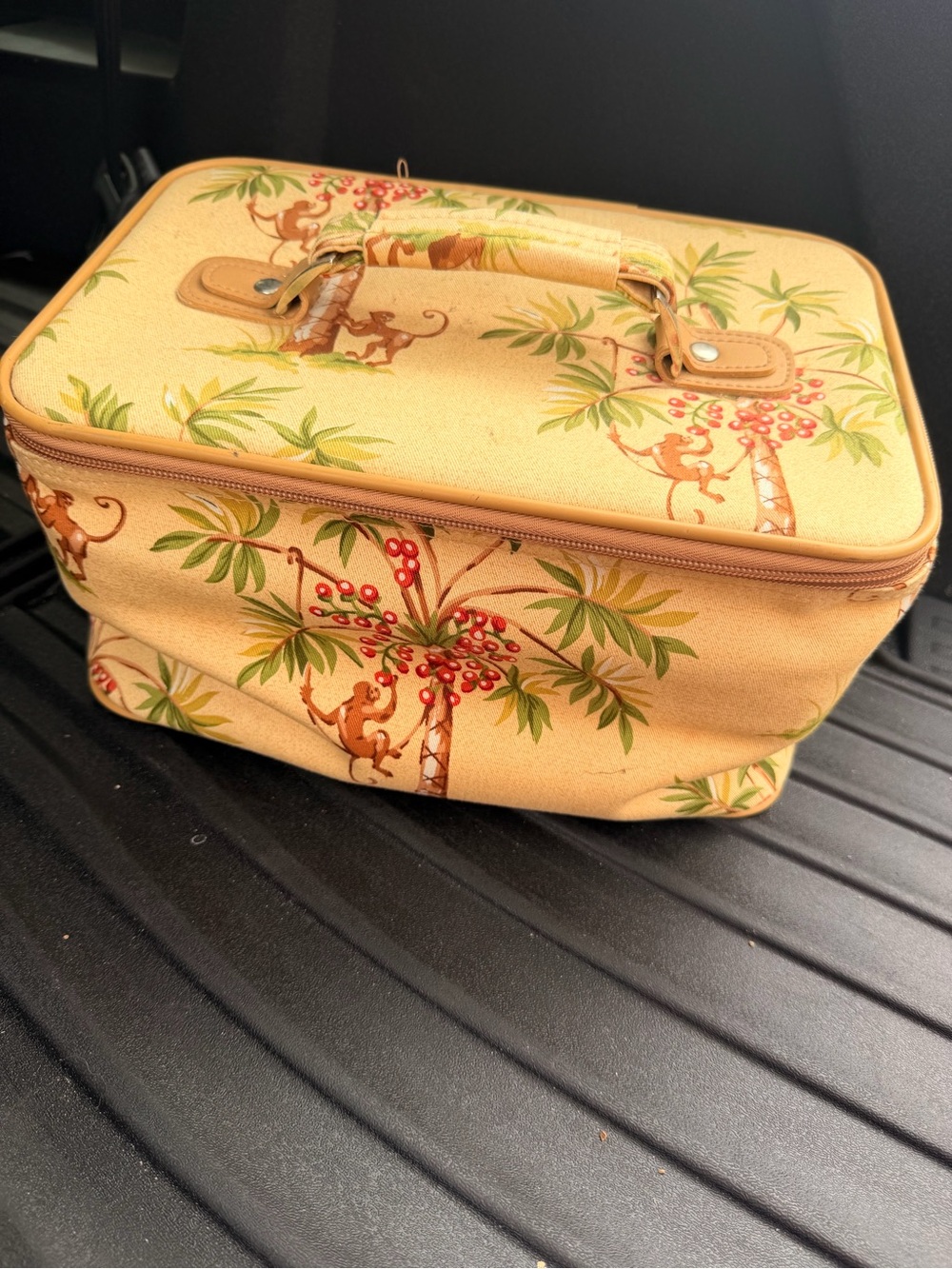 Vintage Isabella Fiore-Inspired Cream Cosmetic Case with Monkey & Palm Print